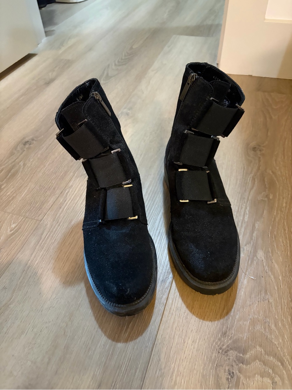 Black Suede Ankle Boots with Wide Elastic Straps